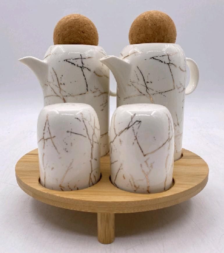 Marble-Effect Ceramic Oil and Vinegar Jug Set with Salt and Pepper Shakers on Round Bamboo Stand