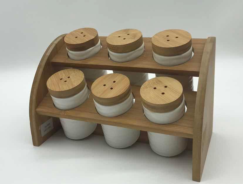 6-Piece Ceramic Spice Shaker Set on Curved Two-Tier Bamboo Rack
