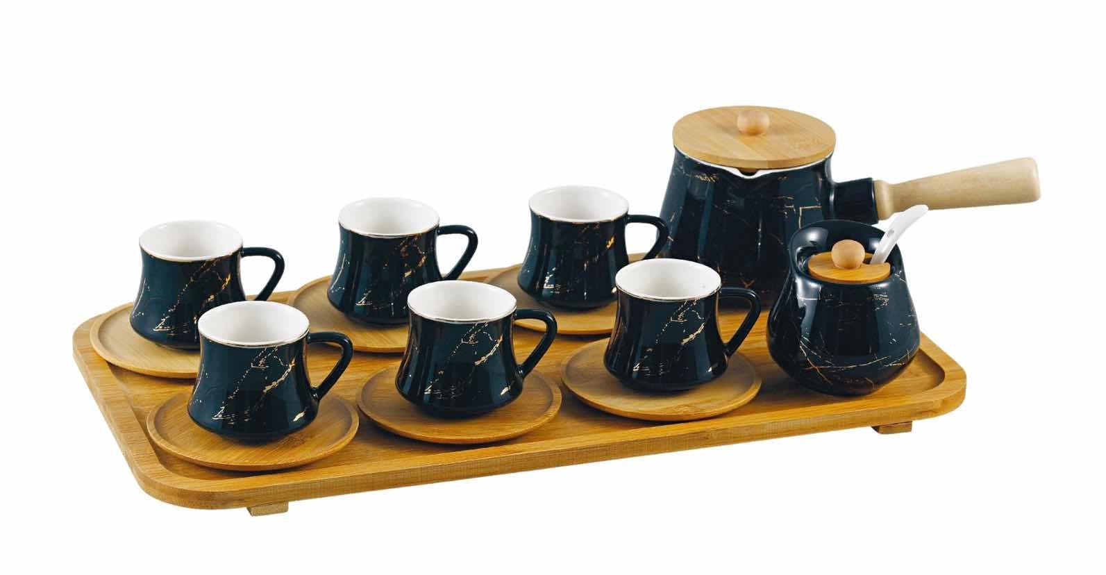 Black Marble-Effect Ceramic Turkish Coffee Set with Six Cups and Pot on Bamboo Tray