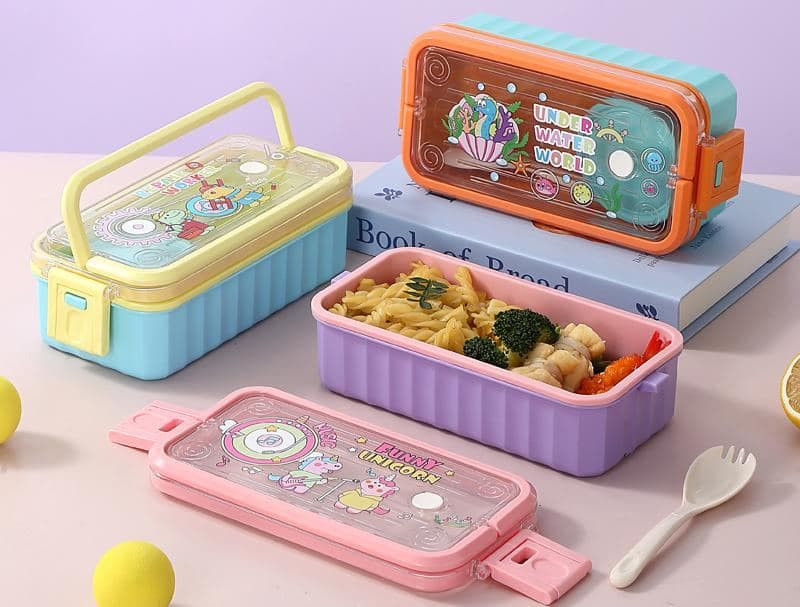 PP Plastic 2-Compartment Lunch Box, 19.7 x 14.5 x 6.3 cm, with Spoon and Fork