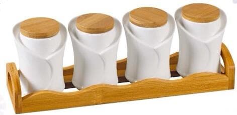 4-Piece Hourglass Ceramic Spice Jar Set with Bamboo Lids on Bamboo Tray