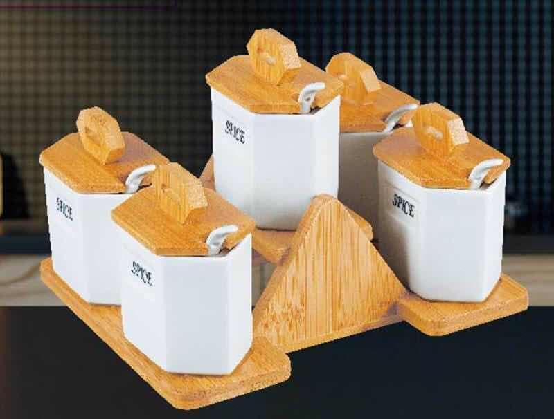 3-Piece Square Ceramic Spice Jar Set with Spoons on Stepped Bamboo Tray