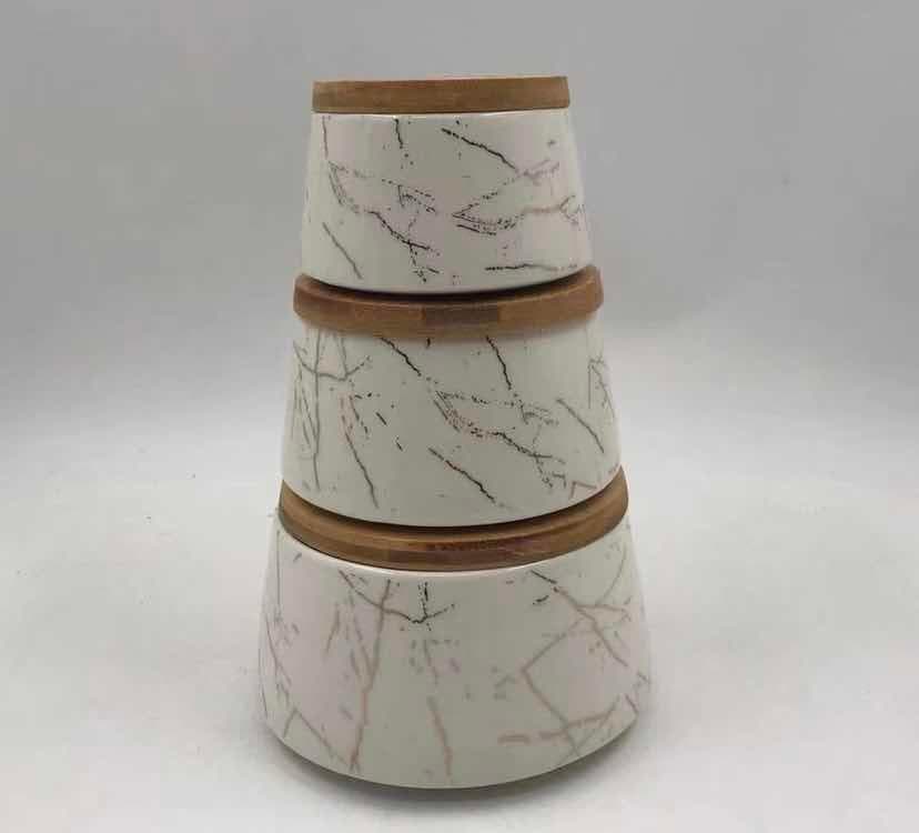 3-Piece Stacking Marble-Effect Ceramic Canister Set with Bamboo Lids