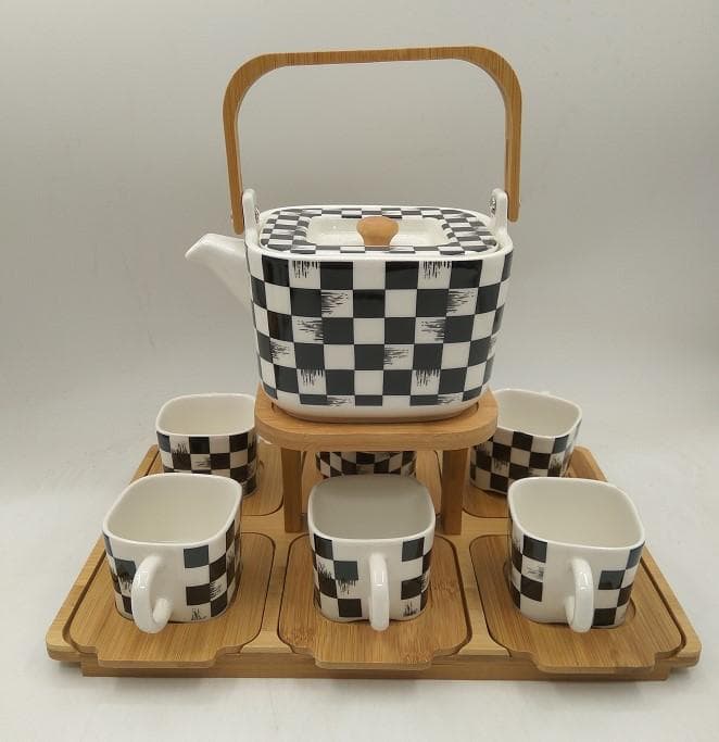 Chequerboard Ceramic Teapot with Warmer Stand and Six Cups on Bamboo Tray