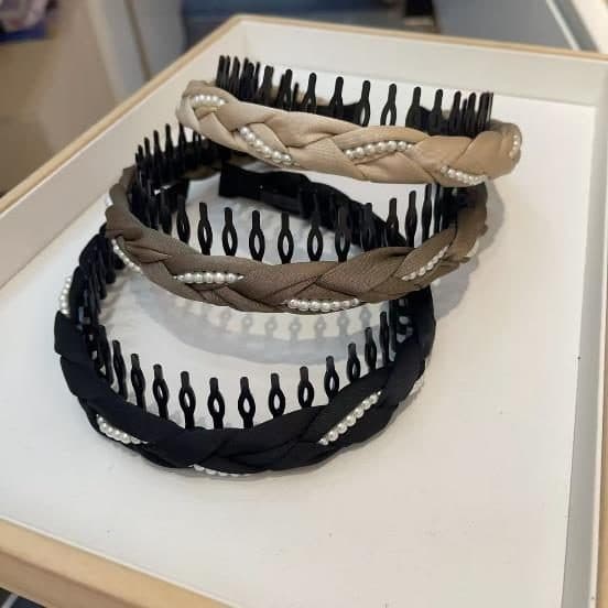 Braided Pearl Headband with Comb Teeth, Tan and Black