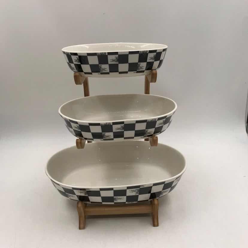 Tiered Chequerboard Ceramic Serving Bowl Stand, Round