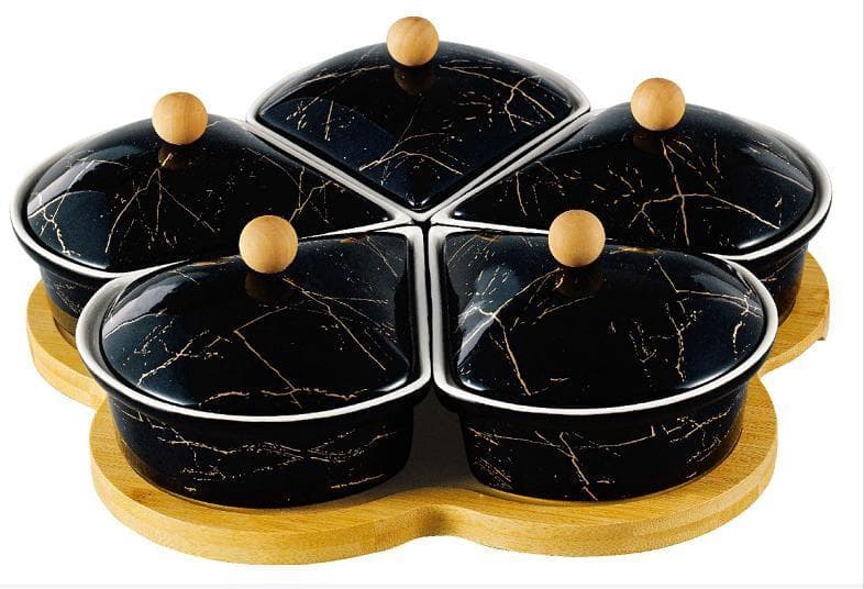 4-Piece Black Marble-Effect Lidded Ceramic Dish Set on Clover-Shaped Bamboo Base