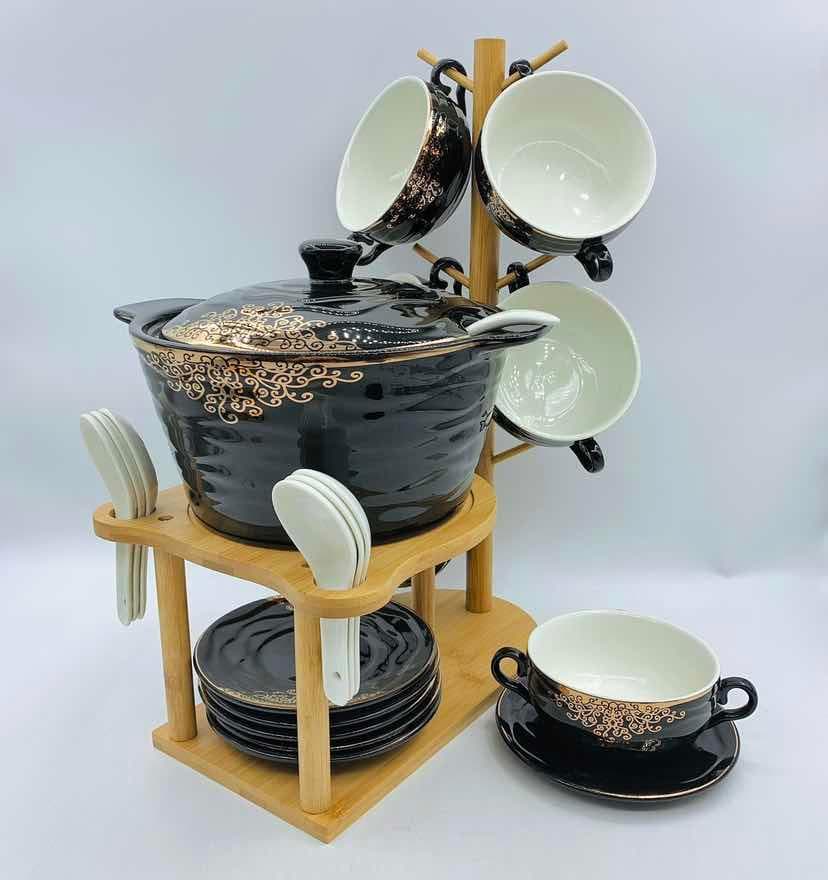 Patterned Ceramic Soup Tureen Set with Bowls and Spoons on Bamboo Stand, Black