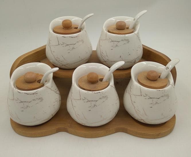 6-Piece Marble-Effect Ceramic Condiment Jar Set with Spoons on Bamboo Tray