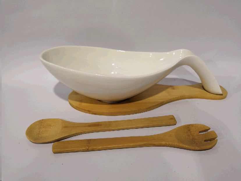 Ceramic Serving Bowl with Curved Handle and Bamboo Servers