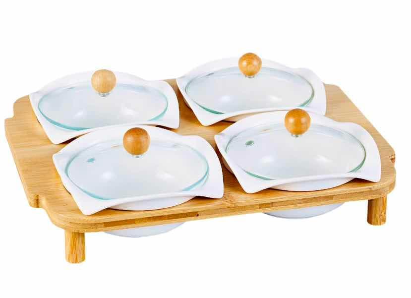 4-Piece Lidded Ceramic Dish Set with Blue Rim on Bamboo Tray