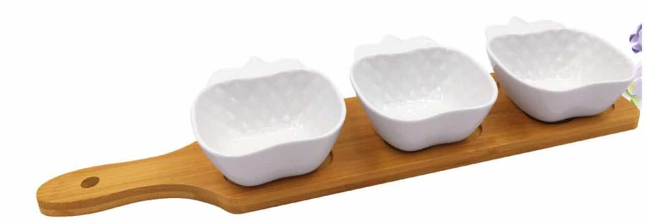 3-Piece Textured Ceramic Dip Bowl Set on Bamboo Paddle Board
