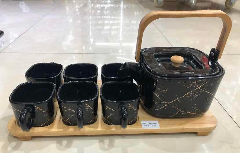 Black Marble-Effect Square Ceramic Teapot and Six Cup Set on Bamboo Tray