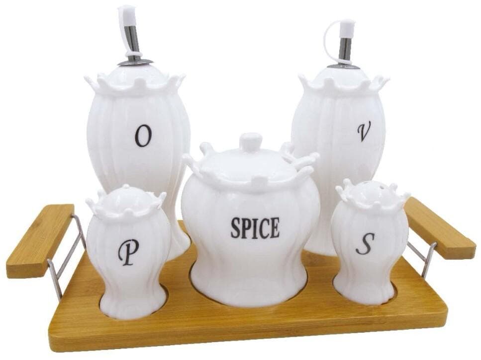 Labelled Ceramic Oil, Vinegar, Salt, Pepper and Spice Set on Bamboo Tray