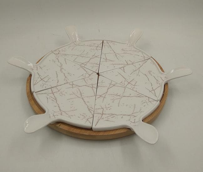 6-Slice Marble-Effect Ceramic Serving Plate Set with Servers on Round Bamboo Base