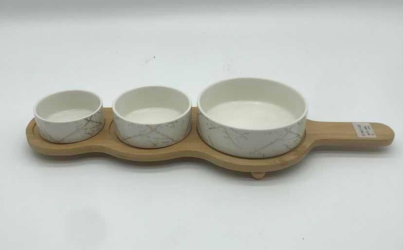 3-Piece Marble-Effect Ceramic Dip Bowl Set on Bamboo Paddle Board