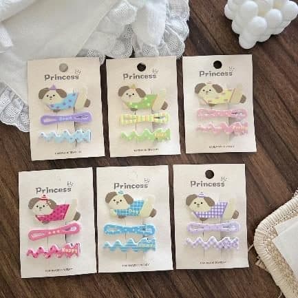 Puppy and Bear Print Snap Hair Clips, Princess Card
