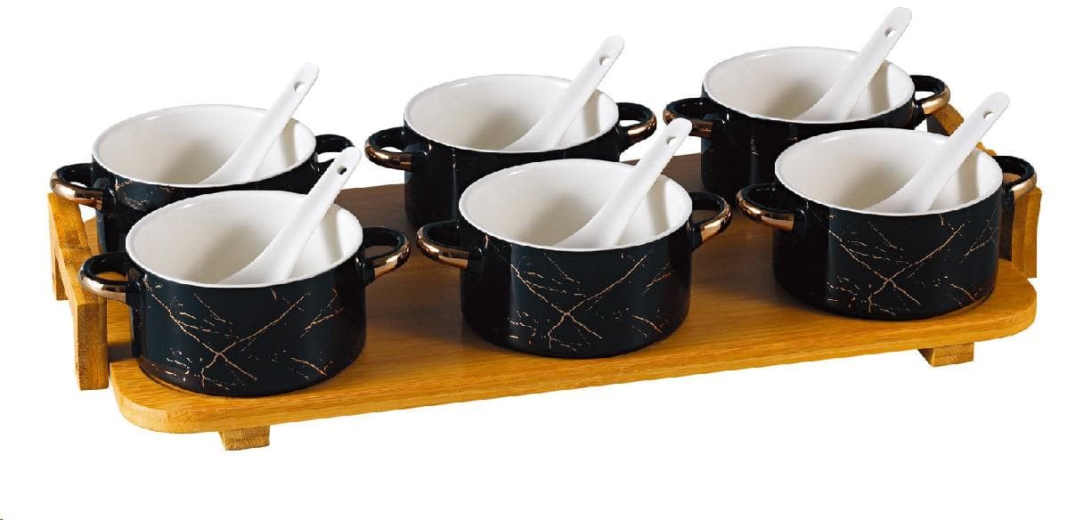 6-Piece Black Marble-Effect Ceramic Dip Bowl Set with Spoons on Bamboo Tray