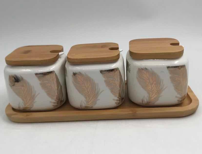 3-Piece Gold Feather Ceramic Condiment Jar Set with Bamboo Lids on Bamboo Tray, White