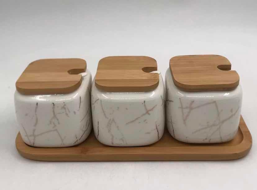 3-Piece Grey Marble-Effect Ceramic Condiment Jar Set with Bamboo Lids on Bamboo Tray