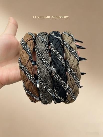 Braided Rhinestone Headband with Teeth, Olive and Brown