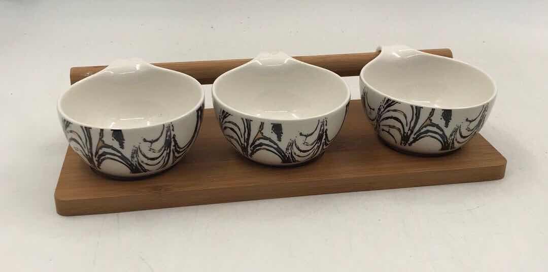 3-Piece Ink-Swirl Ceramic Bowl Set on Rectangular Bamboo Tray