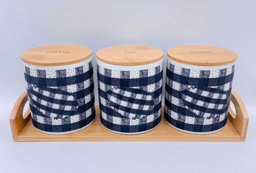 3-Piece Blue Gingham Print Ceramic Canister Set with Bamboo Lids on Bamboo Tray
