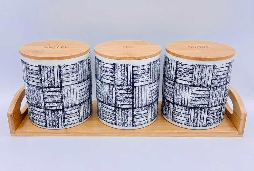 3-Piece Blue Basketweave Print Ceramic Canister Set with Bamboo Lids on Bamboo Tray