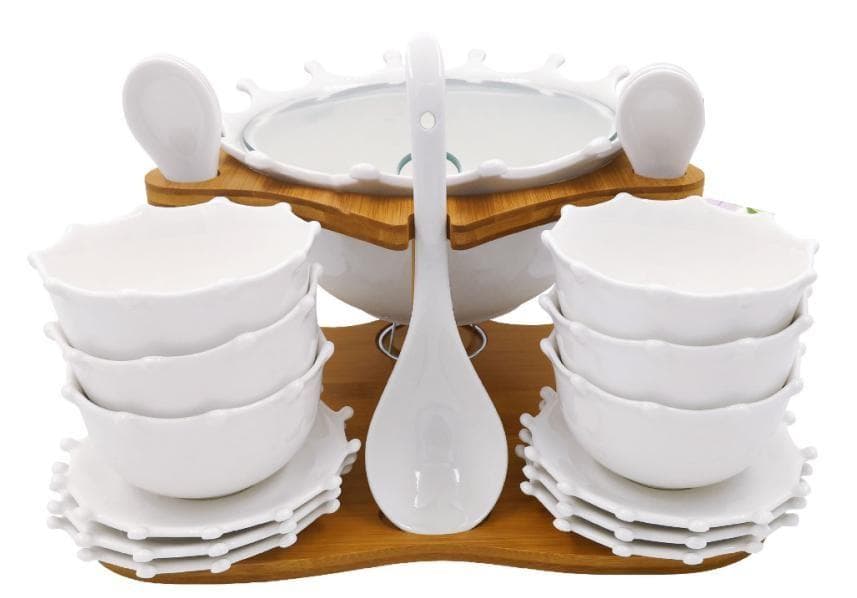 Ceramic Bowl, Plate and Spoon Set on Bamboo Stand