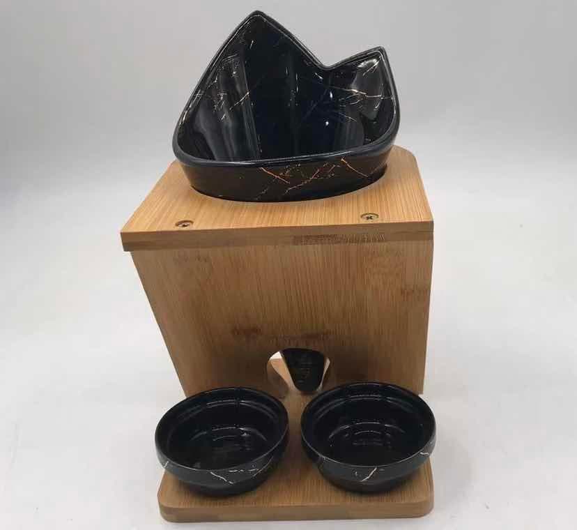 Black Marble-Effect Ceramic Napkin Holder with Two Dip Bowls on Bamboo Stand