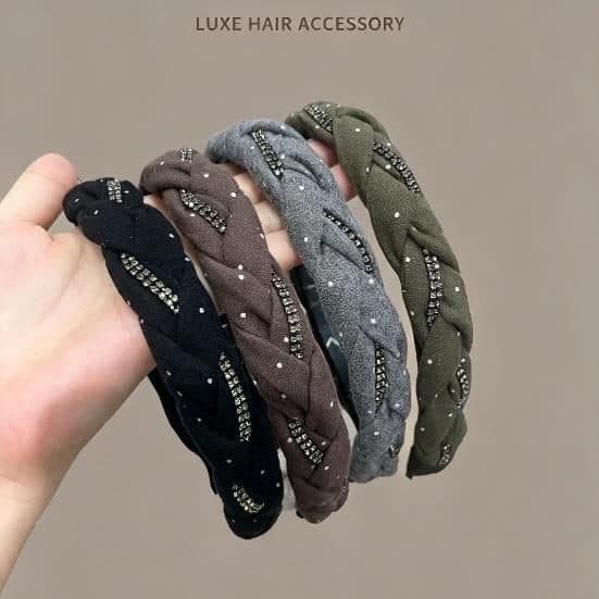 Braided Rhinestone Headband, Black, Brown and Olive
