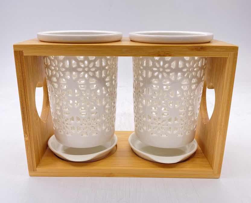 2-Piece Pierced Ceramic Cutlery Drainer Set on Bamboo Crate Stand