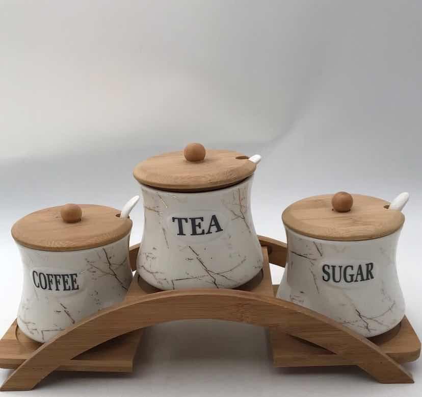 3-Piece Graduated Marble-Effect Ceramic Condiment Jar Set with Spoons on Arched Bamboo Stand