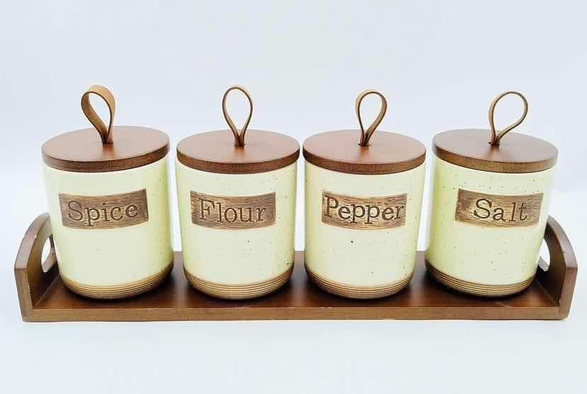 4-Piece Rustic Ceramic Spice Jar Set with Wooden Lids on Bamboo Tray, Yellow