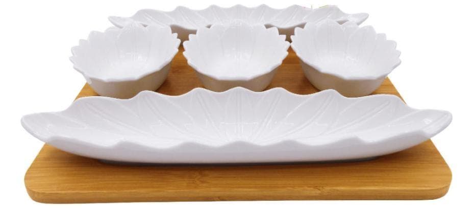 5-Section Scalloped Ceramic Serving Set on Bamboo Tray