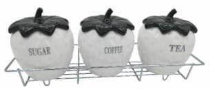 3-Piece Strawberry-Shaped Ceramic Canister Set on Metal Rack