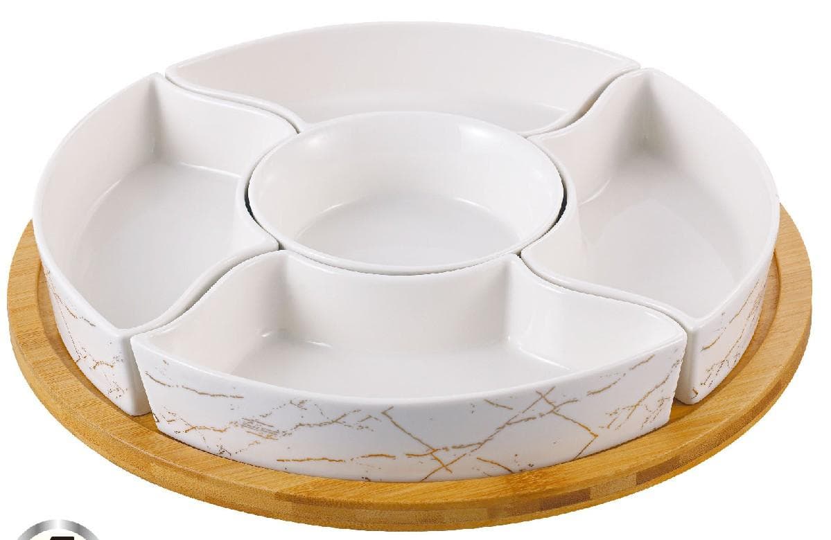 Marble-Effect Divided Ceramic Serving Platter on Round Bamboo Base