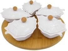 6-Piece Ceramic Serving Bowl Set with Bamboo Lids on Rotating Base