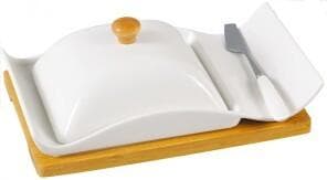 Ceramic Butter Dish with Lid and Spreader on Bamboo Board