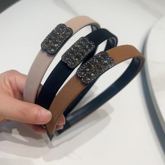 Narrow Headband with Rhinestone Square, Brown and Black