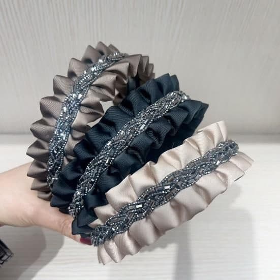 Double Ruffle Headband with Rhinestone Braid, Taupe and Black