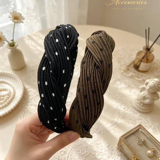 Pleated Fabric Headband, Black Dot and Brown