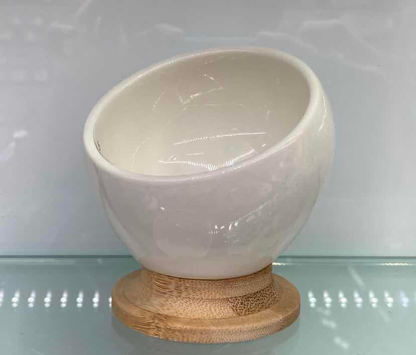 Slanted Ceramic Serving Bowl on Round Bamboo Base, Large