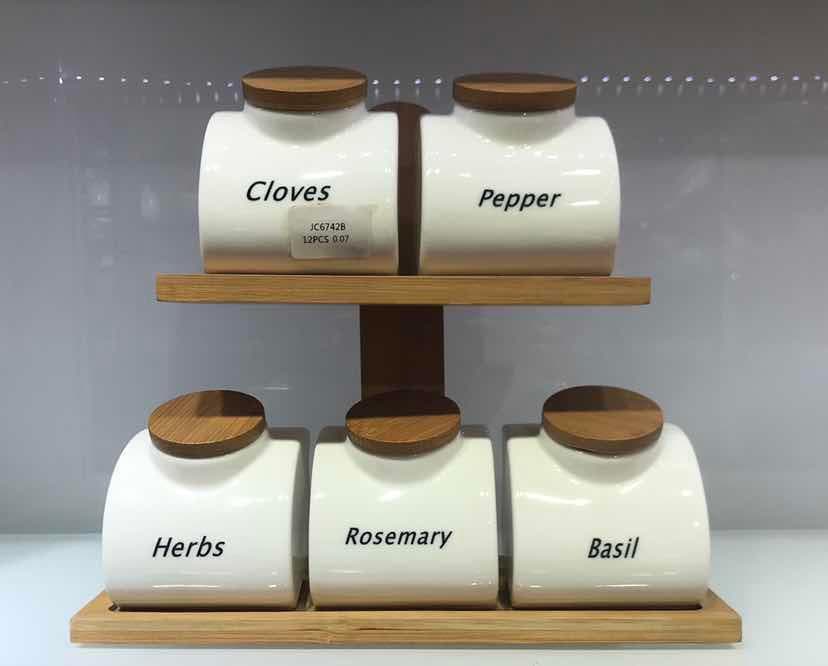 6-Piece Labelled Ceramic Herb Jar Set on Two-Tier Bamboo Rack