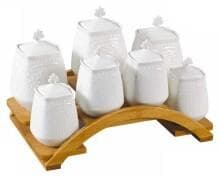 7-Piece Embossed Ceramic Lidded Jar Set on Arched Bamboo Stand