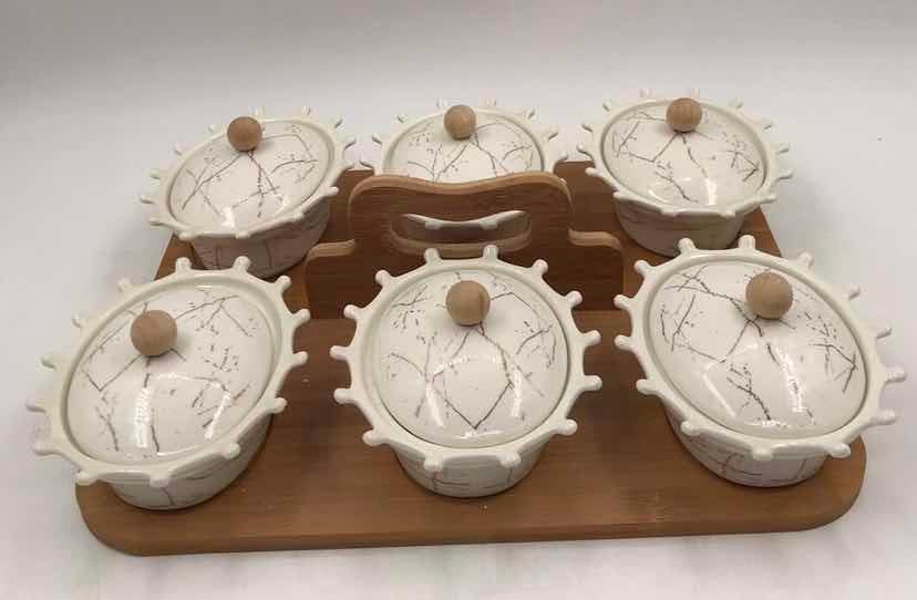 6-Piece Marble-Effect Lidded Ceramic Bowl Set on Bamboo Tray with Handle