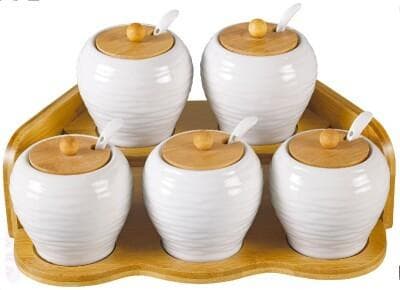 6-Piece Ribbed Ceramic Spice Jar Set with Bamboo Lids and Spoons on Tray