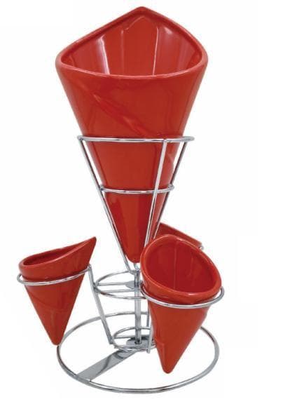 Ceramic Cone Serving Set with Four Cups on Metal Stand, Red
