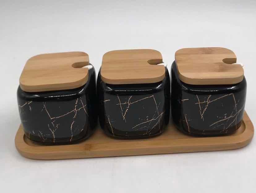 3-Piece Marble-Effect Ceramic Condiment Jar Set with Bamboo Lids on Bamboo Tray, Black