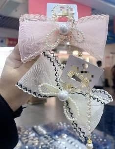 Lace Trim Organza Bow Claw Clip with Pearl Chain, Pink and Cream